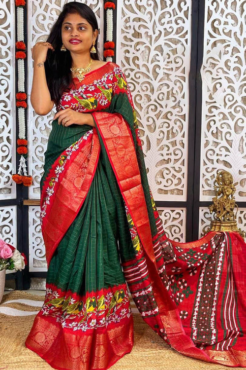 Load image into Gallery viewer, Imbrication Dark Green Digital Printed Dola Silk Saree With Seraglio Blouse Piece
