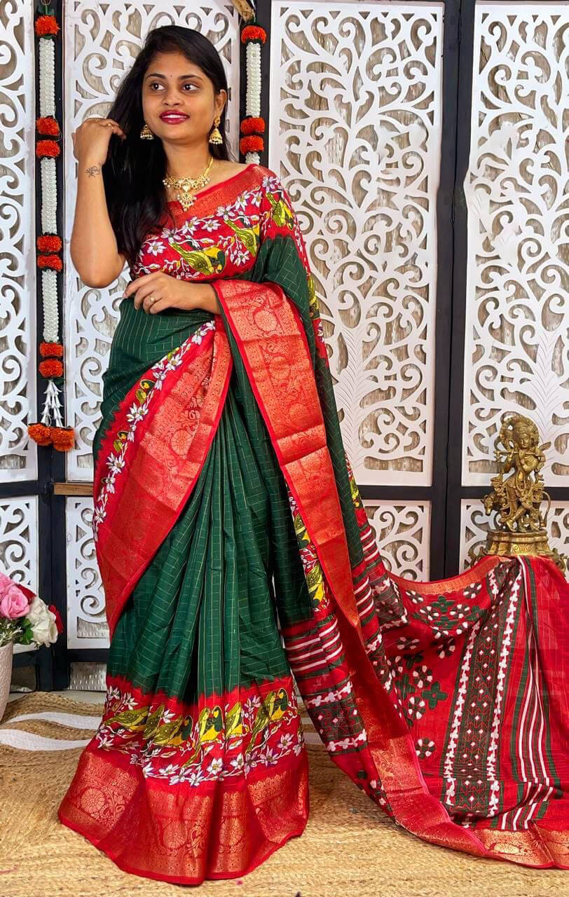 Imbrication Dark Green Digital Printed Dola Silk Saree With Seraglio Blouse Piece