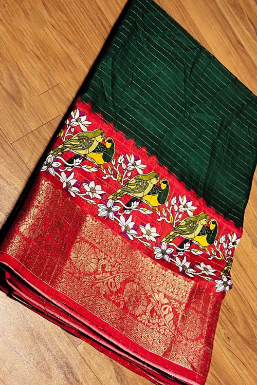 Load image into Gallery viewer, Imbrication Dark Green Digital Printed Dola Silk Saree With Seraglio Blouse Piece
