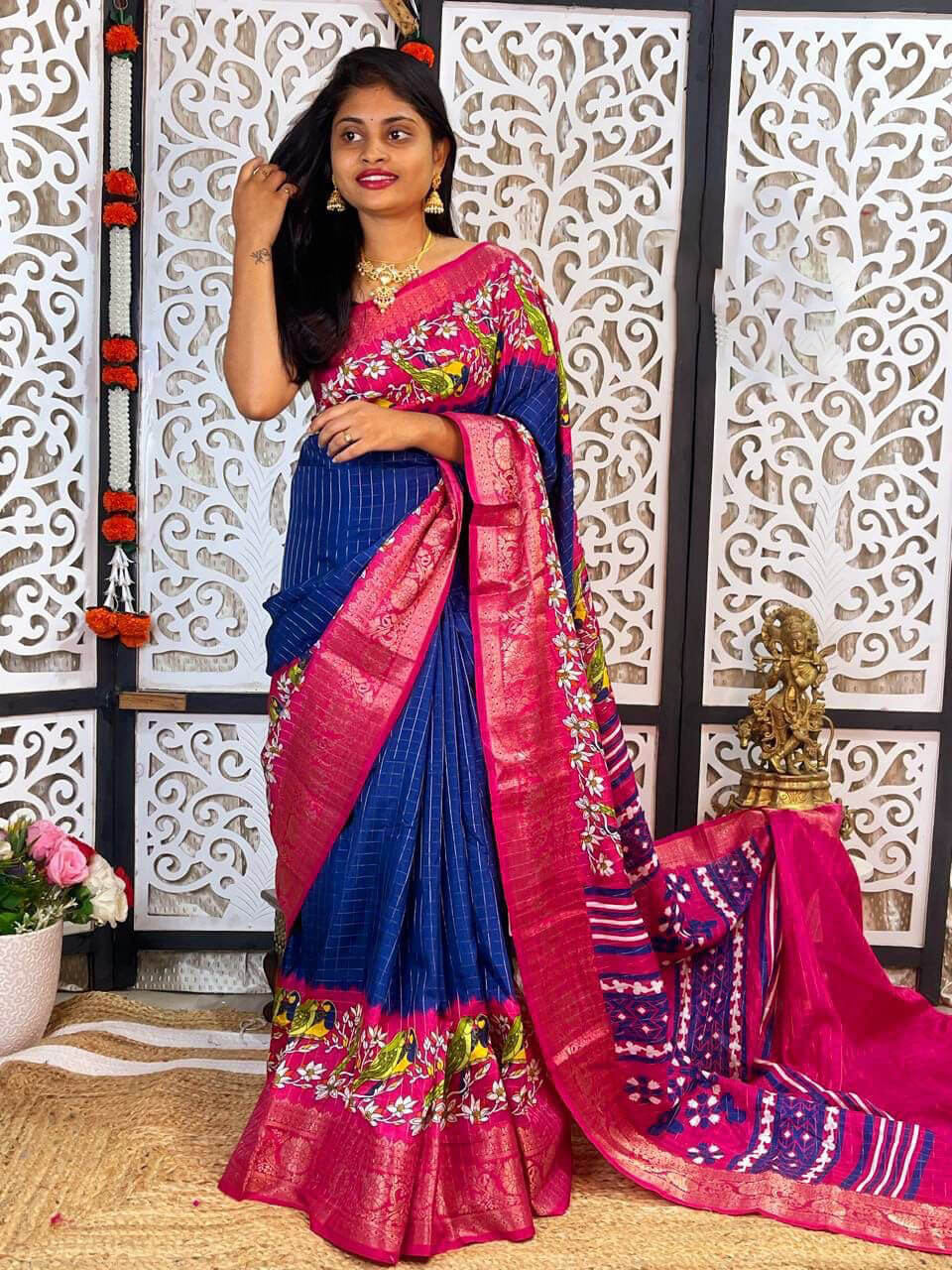 Transcendent Navy Blue Digital Printed Dola Silk Saree With Piquant Blouse Piece