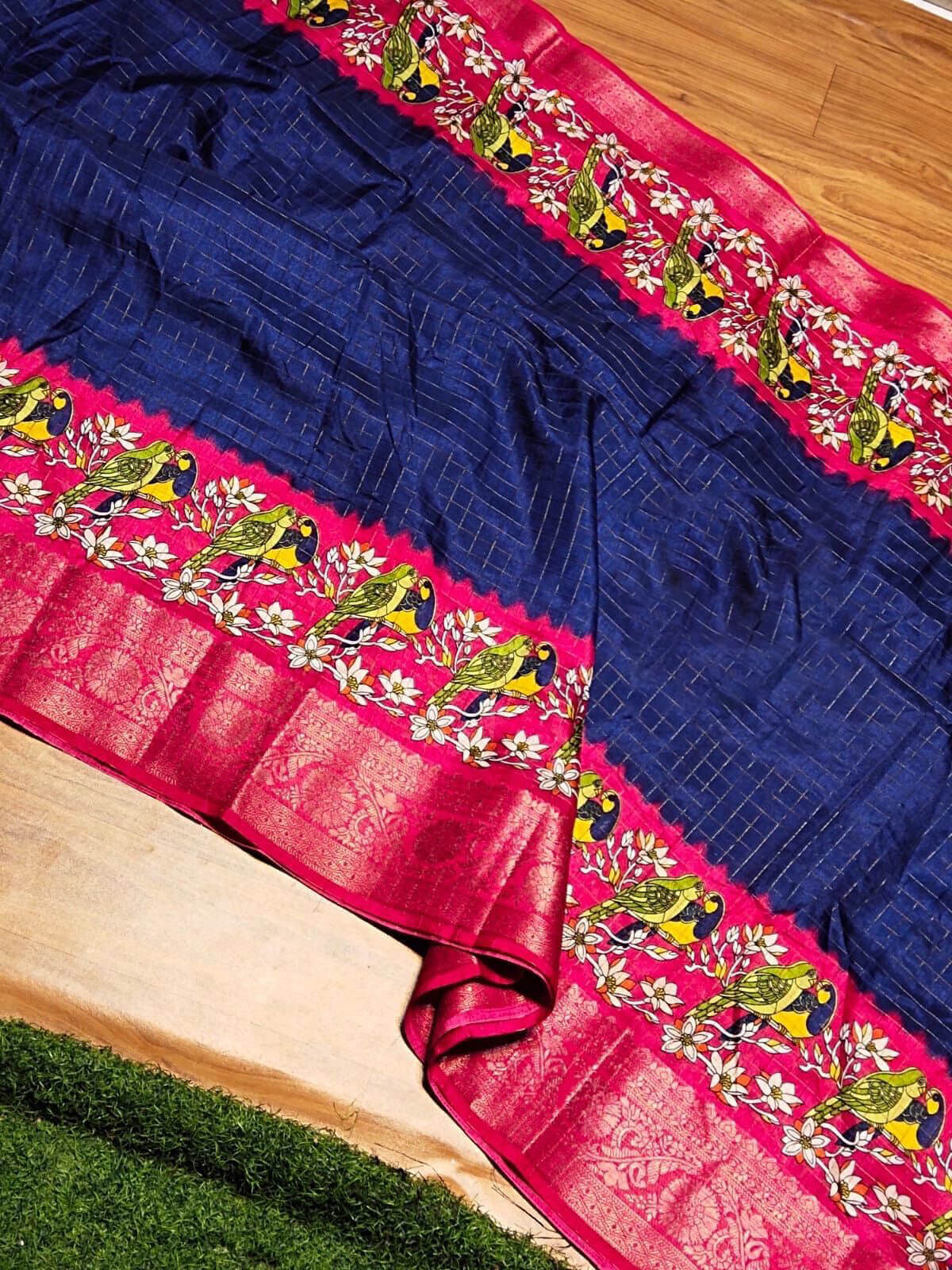 Transcendent Navy Blue Digital Printed Dola Silk Saree With Piquant Blouse Piece