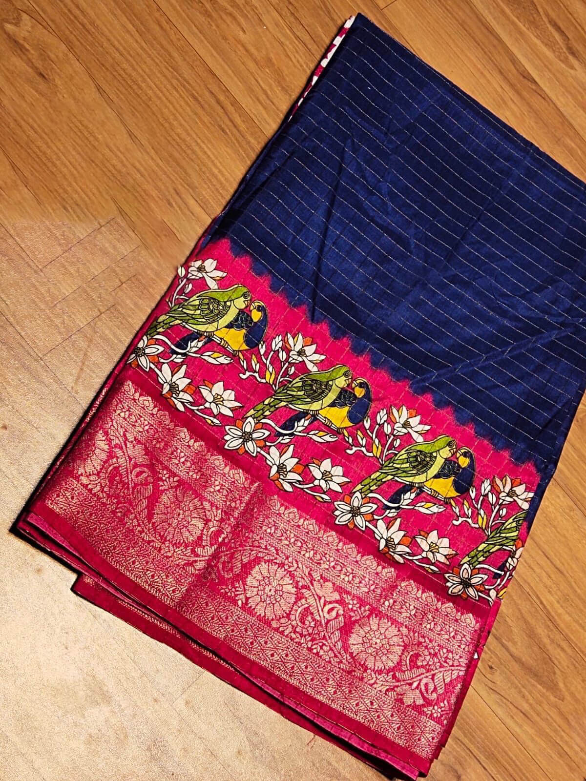 Transcendent Navy Blue Digital Printed Dola Silk Saree With Piquant Blouse Piece