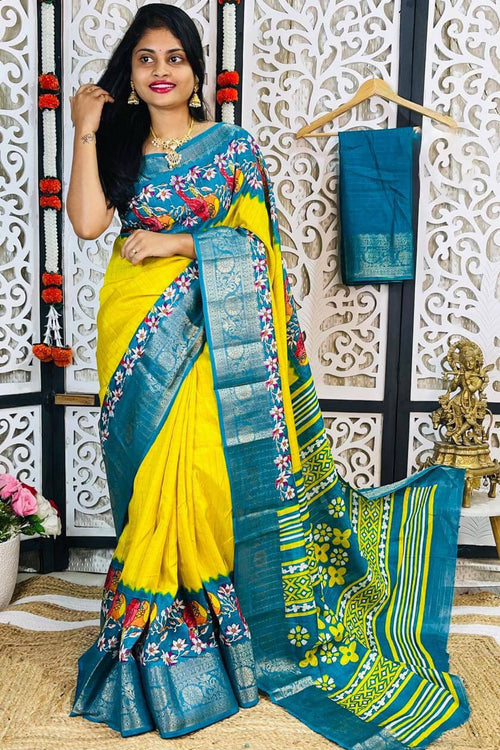 Load image into Gallery viewer, Quixotic Yellow Digital Printed Dola Silk Saree With Inimitable Blouse Piece
