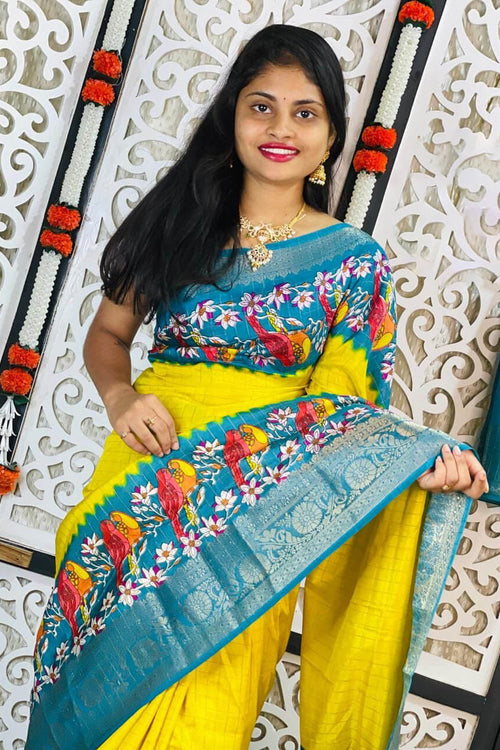 Load image into Gallery viewer, Quixotic Yellow Digital Printed Dola Silk Saree With Inimitable Blouse Piece
