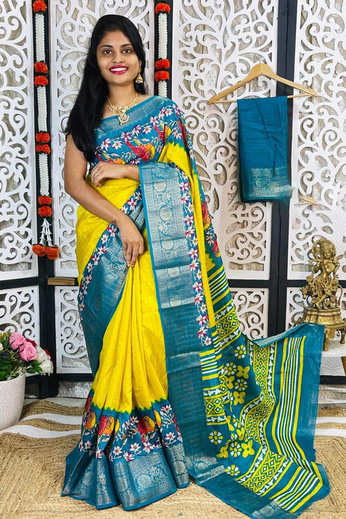 Load image into Gallery viewer, Quixotic Yellow Digital Printed Dola Silk Saree With Inimitable Blouse Piece
