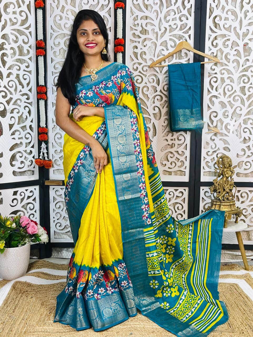 Quixotic Yellow Digital Printed Dola Silk Saree With Inimitable Blouse Piece