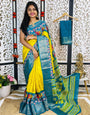 Quixotic Yellow Digital Printed Dola Silk Saree With Inimitable Blouse Piece