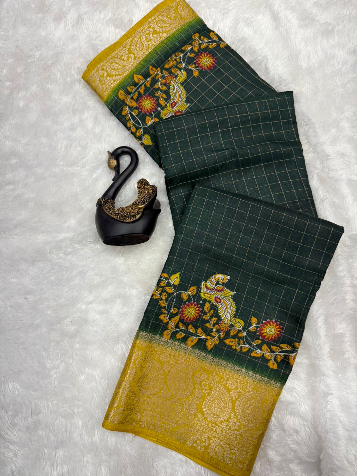 Glowing Dark Green Digital Printed Dola Silk Saree With Designer Blouse Piece