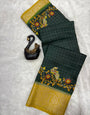 Glowing Dark Green Digital Printed Dola Silk Saree With Designer Blouse Piece