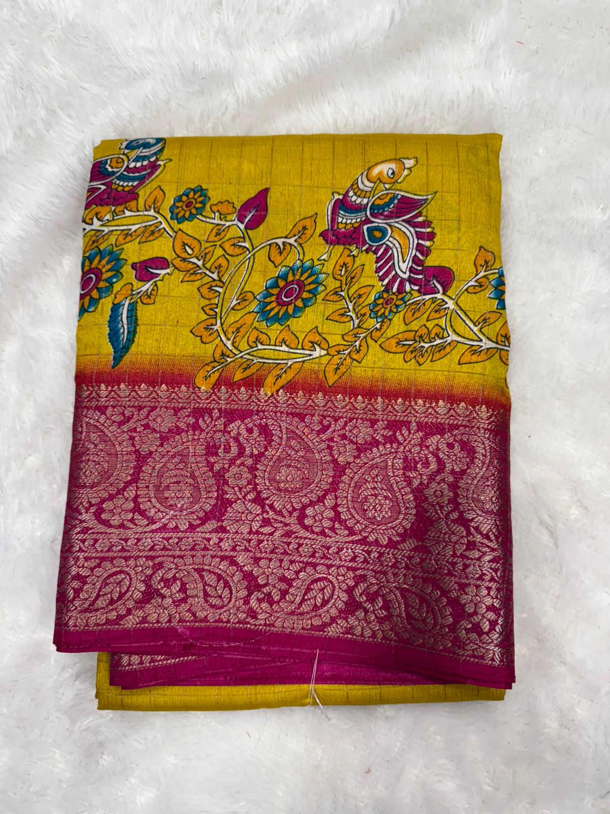 Flamboyant Yellow Digital Printed Dola Silk Saree With Angelic Blouse Piece