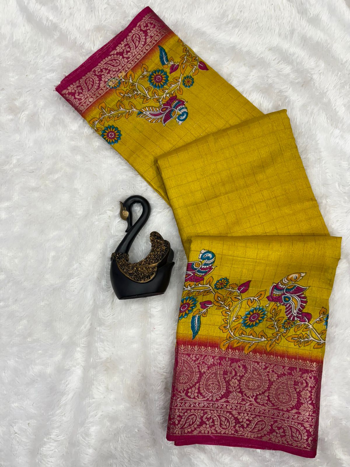 Flamboyant Yellow Digital Printed Dola Silk Saree With Angelic Blouse Piece