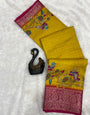 Flamboyant Yellow Digital Printed Dola Silk Saree With Angelic Blouse Piece