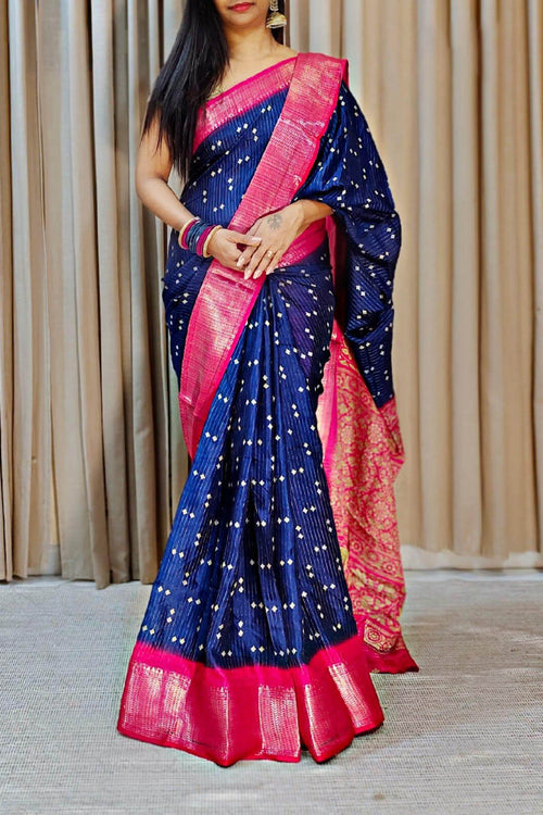 Load image into Gallery viewer, Rhapsodic Navy Blue Digital Printed Dola Silk Saree With Whimsical Blouse Piece
