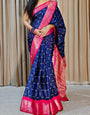 Rhapsodic Navy Blue Digital Printed Dola Silk Saree With Whimsical Blouse Piece