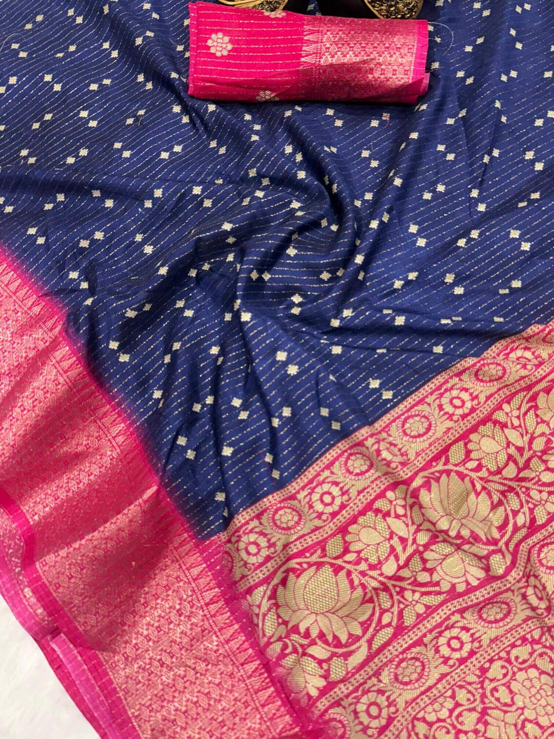 Rhapsodic Navy Blue Digital Printed Dola Silk Saree With Whimsical Blouse Piece