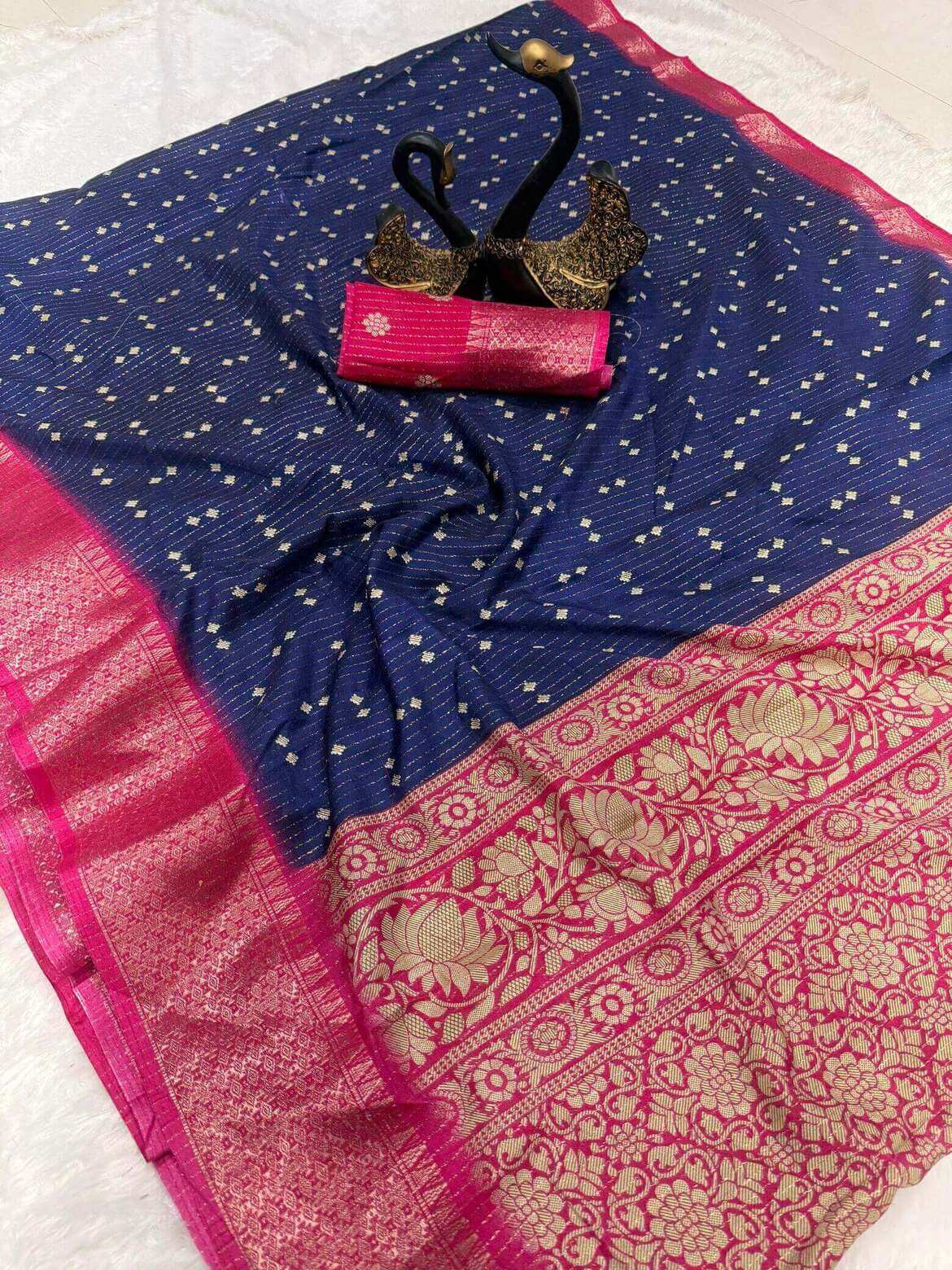 Rhapsodic Navy Blue Digital Printed Dola Silk Saree With Whimsical Blouse Piece