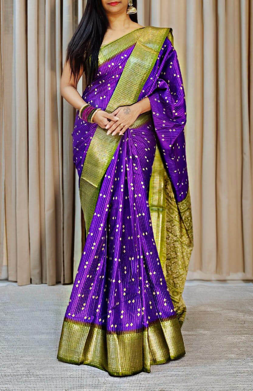 Supernal Purple Printed Dola Silk Saree With Luxuriant Blouse Piece