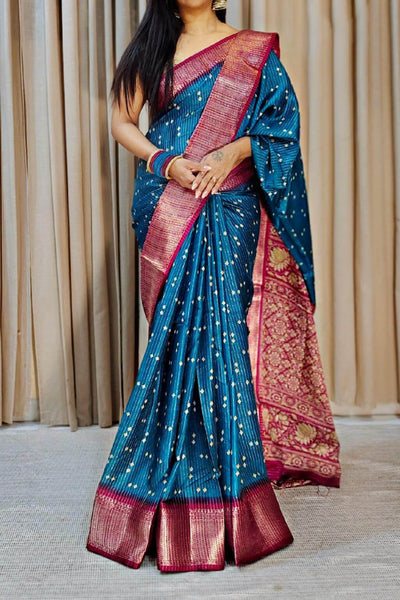 Smashing Teal Blue Digital Printed Dola Silk Saree With Redolent Blouse Piece