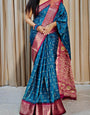 Smashing Teal Blue Digital Printed Dola Silk Saree With Redolent Blouse Piece