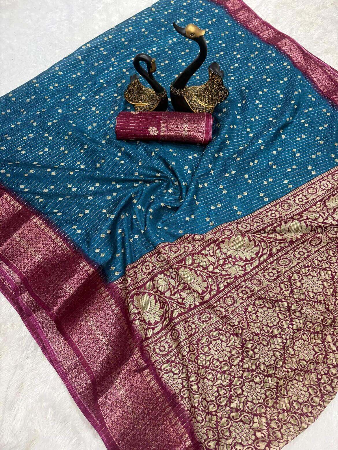 Smashing Teal Blue Digital Printed Dola Silk Saree With Redolent Blouse Piece