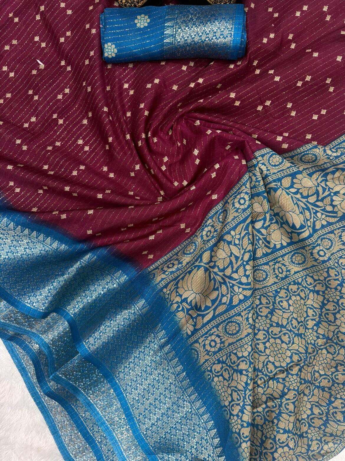 Fugacious Wine Digital Printed Dola Silk Saree With Palimpsest Blouse Piece