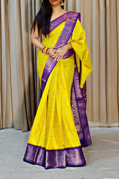 Magnetic Yellow Digital Printed Dola Silk Saree With Mellifluous Blouse Piece