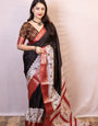 Elision Black Digital Printed Dola Silk Saree With Bucolic Blouse Piece