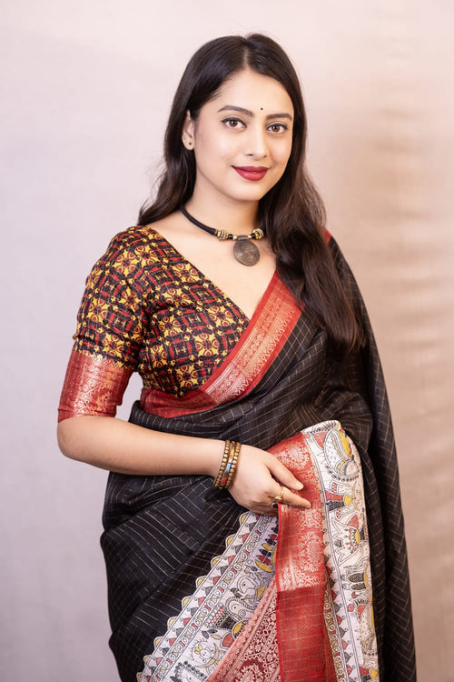 Load image into Gallery viewer, Elision Black Digital Printed Dola Silk Saree With Bucolic Blouse Piece
