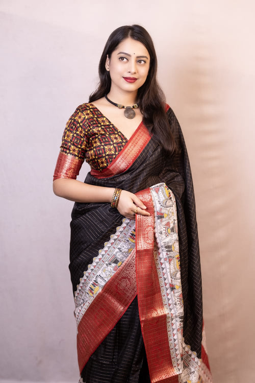 Load image into Gallery viewer, Elision Black Digital Printed Dola Silk Saree With Bucolic Blouse Piece
