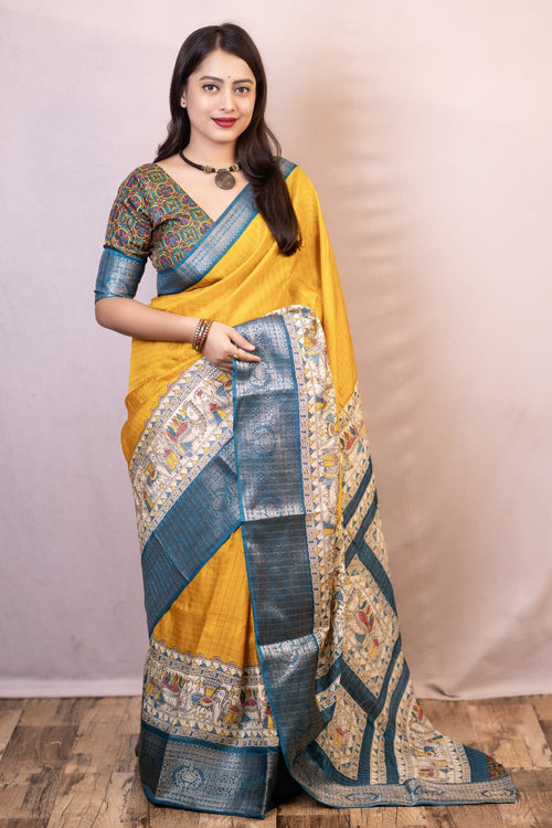 Load image into Gallery viewer, Symmetrical Mustard Digital Printed Dola Silk Saree With Transcendent Blouse Piece
