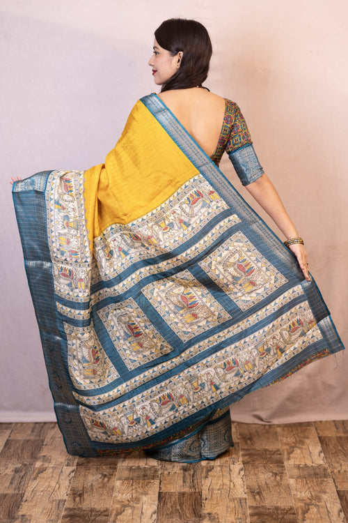 Load image into Gallery viewer, Symmetrical Mustard Digital Printed Dola Silk Saree With Transcendent Blouse Piece
