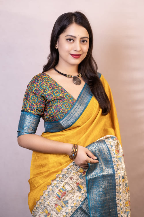 Load image into Gallery viewer, Symmetrical Mustard Digital Printed Dola Silk Saree With Transcendent Blouse Piece
