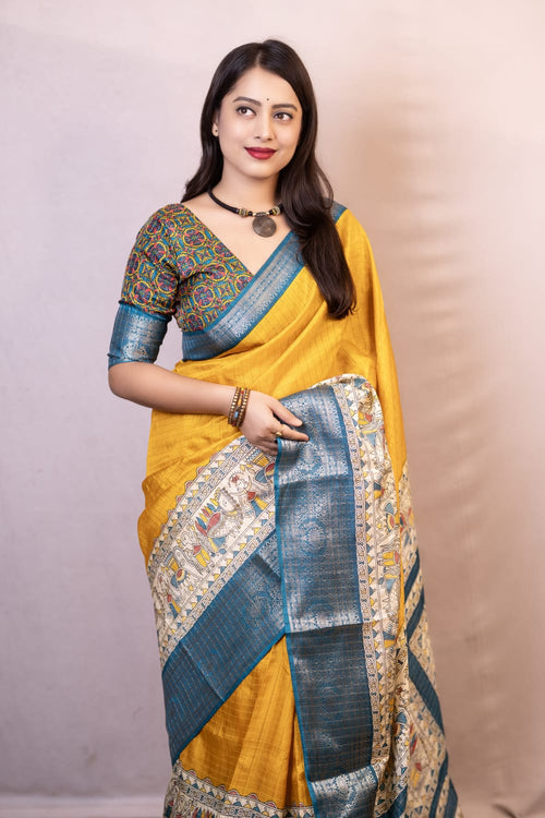 Load image into Gallery viewer, Symmetrical Mustard Digital Printed Dola Silk Saree With Transcendent Blouse Piece
