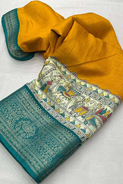 Load image into Gallery viewer, Symmetrical Mustard Digital Printed Dola Silk Saree With Transcendent Blouse Piece
