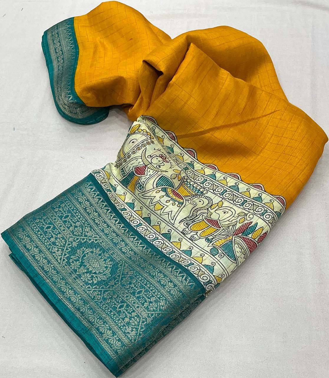 Symmetrical Mustard Digital Printed Dola Silk Saree With Transcendent Blouse Piece