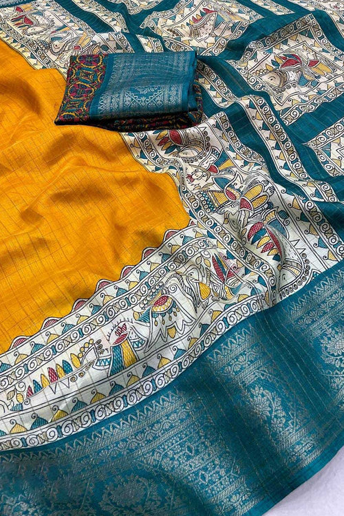 Load image into Gallery viewer, Symmetrical Mustard Digital Printed Dola Silk Saree With Transcendent Blouse Piece
