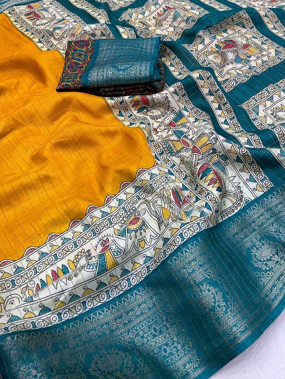 Symmetrical Mustard Digital Printed Dola Silk Saree With Transcendent Blouse Piece