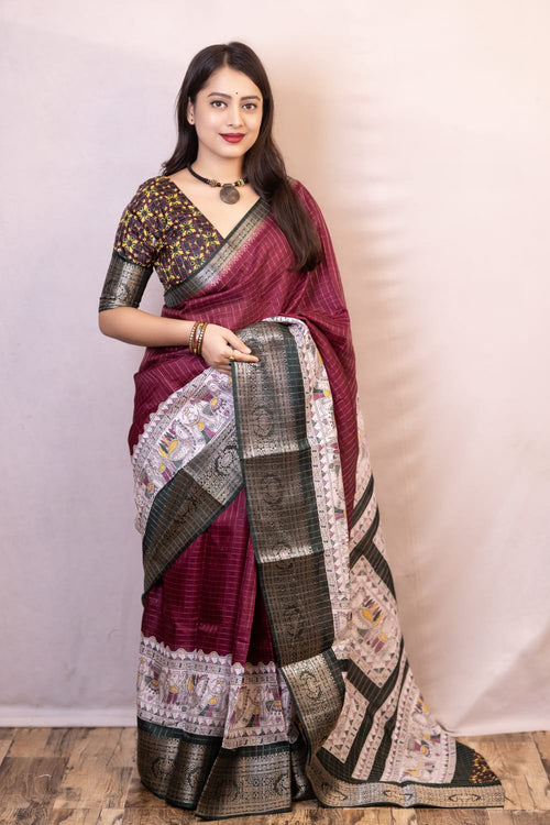 Load image into Gallery viewer, Proficient Wine Digital Printed Dola Silk Saree With Whimsical Blouse Piece
