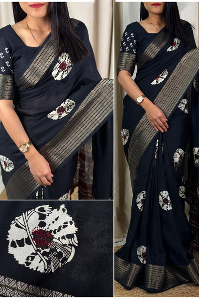 Dazzling Black Digital Printed Dola Silk Saree With Sensational Blouse Piece