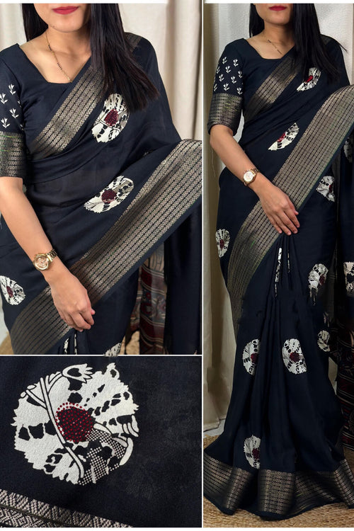 Load image into Gallery viewer, Dazzling Black Digital Printed Dola Silk Saree With Sensational Blouse Piece
