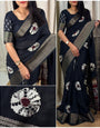 Dazzling Black Digital Printed Dola Silk Saree With Sensational Blouse Piece