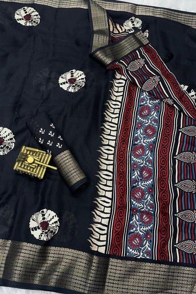 Dazzling Black Digital Printed Dola Silk Saree With Sensational Blouse Piece