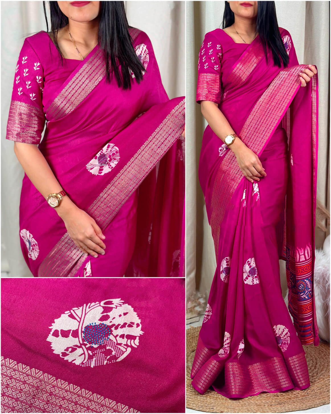 Phenomenal Dark Pink Digital Printed Dola Silk Saree With Deserving Blouse Piece