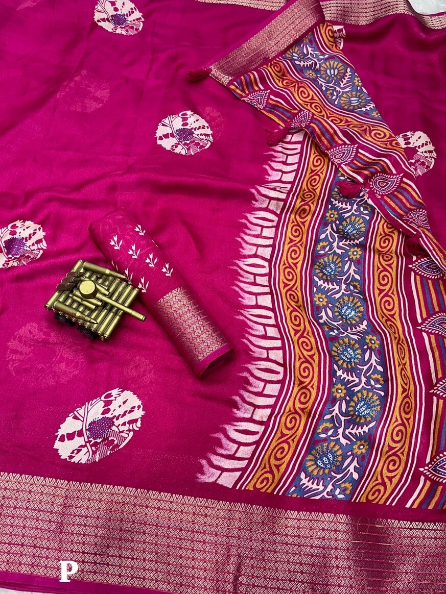 Phenomenal Dark Pink Digital Printed Dola Silk Saree With Deserving Blouse Piece