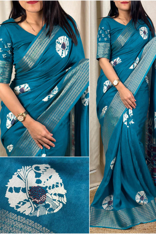 Load image into Gallery viewer, Blooming Firozi Digital Printed Dola Silk Saree With Radiant Blouse Piece
