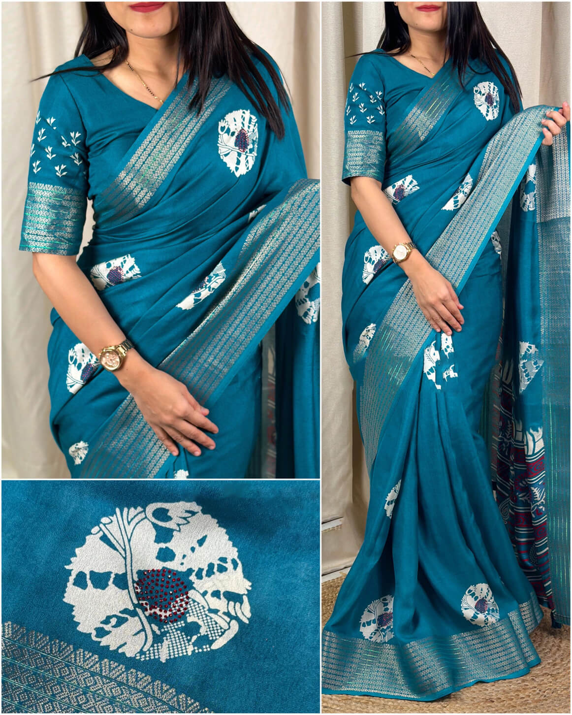 Blooming Firozi Digital Printed Dola Silk Saree With Radiant Blouse Piece