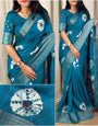 Blooming Firozi Digital Printed Dola Silk Saree With Radiant Blouse Piece