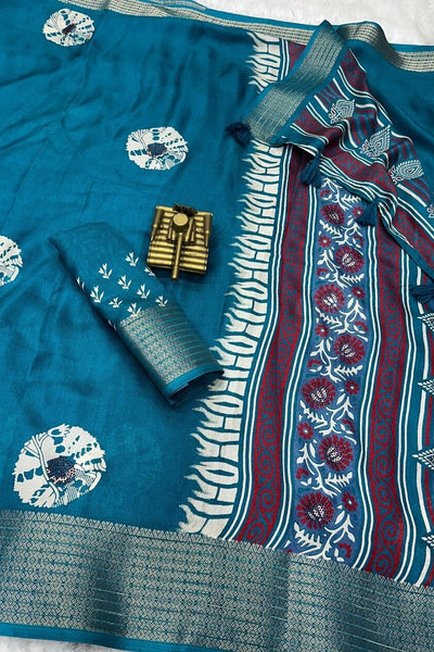 Blooming Firozi Digital Printed Dola Silk Saree With Radiant Blouse Piece