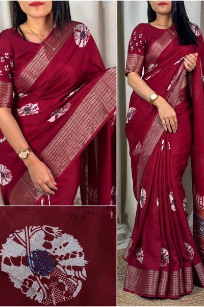 Classic Maroon Digital Printed Dola Silk Saree With Bewitching Blouse Piece