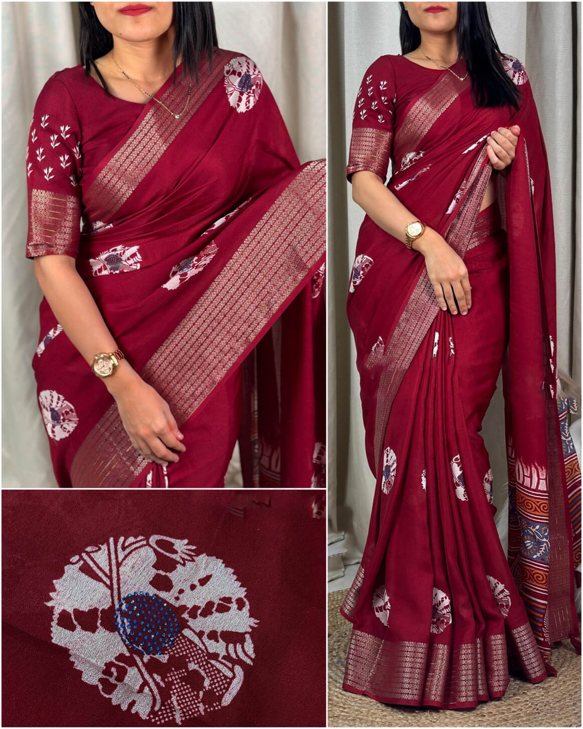 Classic Maroon Digital Printed Dola Silk Saree With Bewitching Blouse Piece